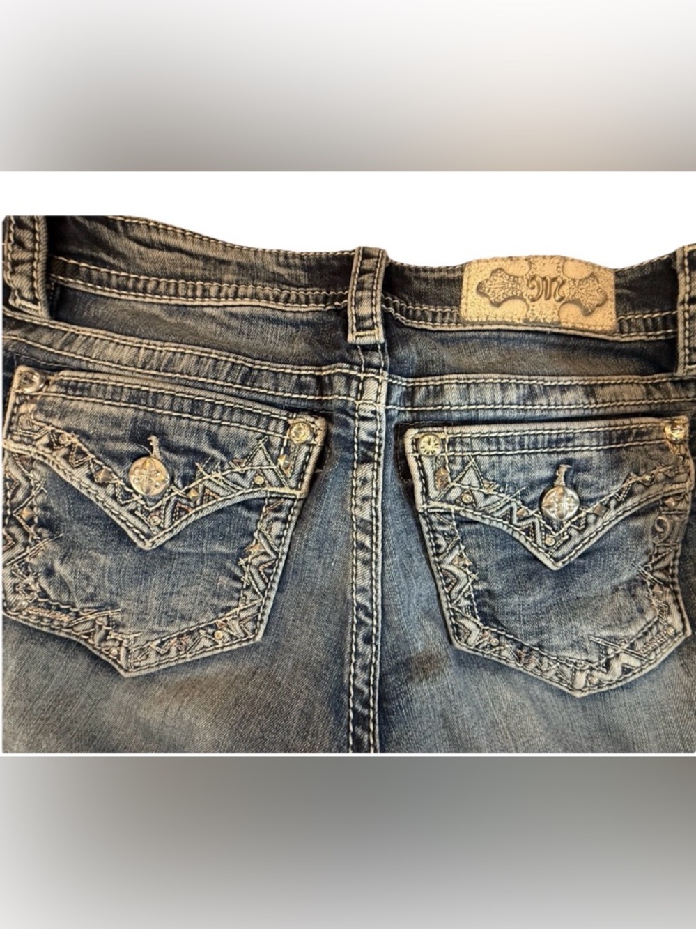 Miss Me Skinny Embellished Blue Denim Jeans Button Studded 5-Pocket Women 27x35 - Picture 6 of 12